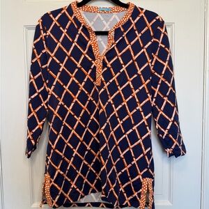 J.McLaughlin Navy Orange Geometric Print Tunic Top 3/4 Sleeve Size Medium